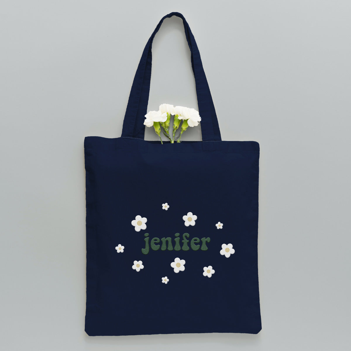 Custom Name With Flower - Personalized Couple Embroidered Tote Bag