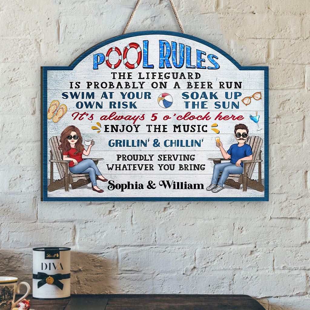 Pool Rules Swim At Your Own Risk - Personalized Backyard Wood Sign