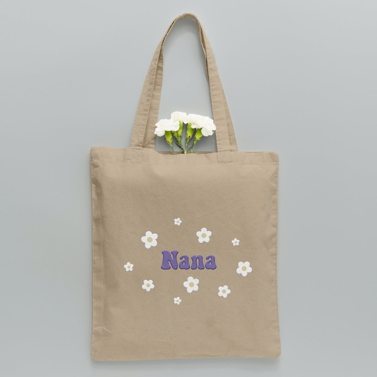 Custom Name With Flower - Personalized Grandma Embroidered Tote Bag