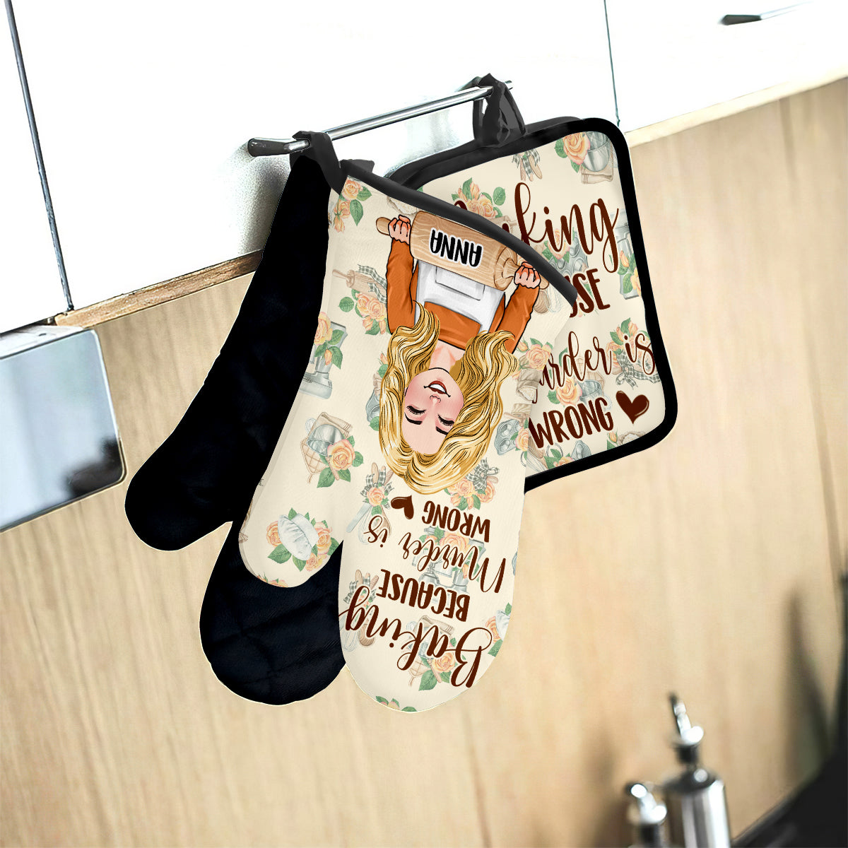 Baking Because Murder Is Wrong - Personalized Baking Oven Mitts And Pot Holder Set