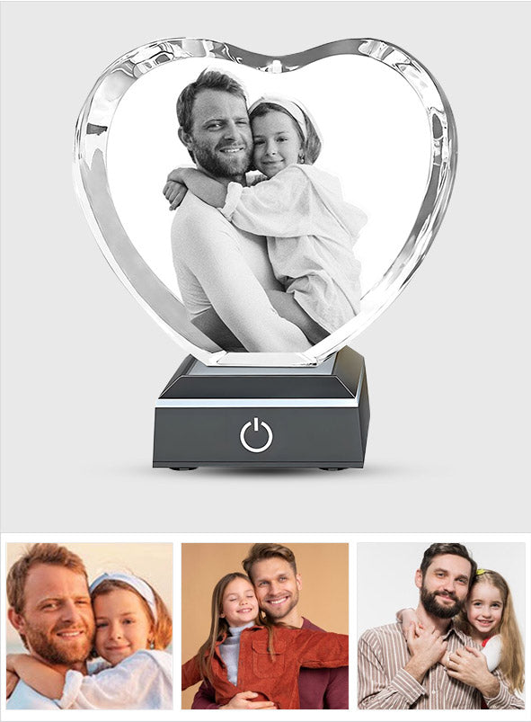 Custom Photo Laser Engraved Crystal Lamp - Gift for dad - Personalized Laser Engraving 3D Heart Shaped Crystal Lamp