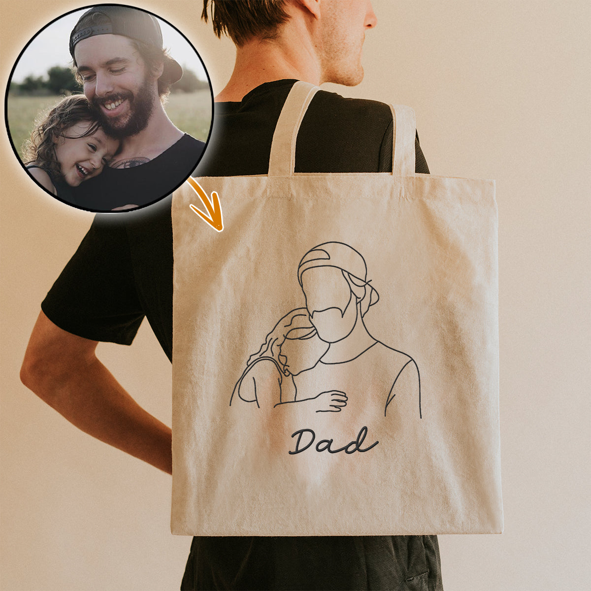 Custom Photo Line Art - Personalized Father Embroidered Tote Bag