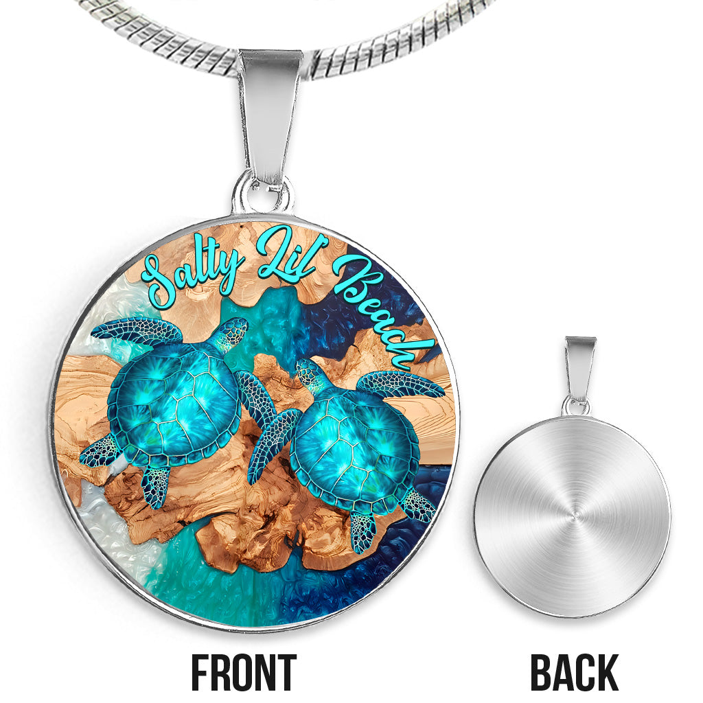 Salty Lil' Beach - Personalized Turtle Round Pendant Necklace