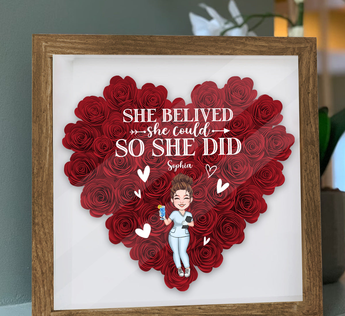 She Believed She Could - Personalized Nurse Flower Shadow Box