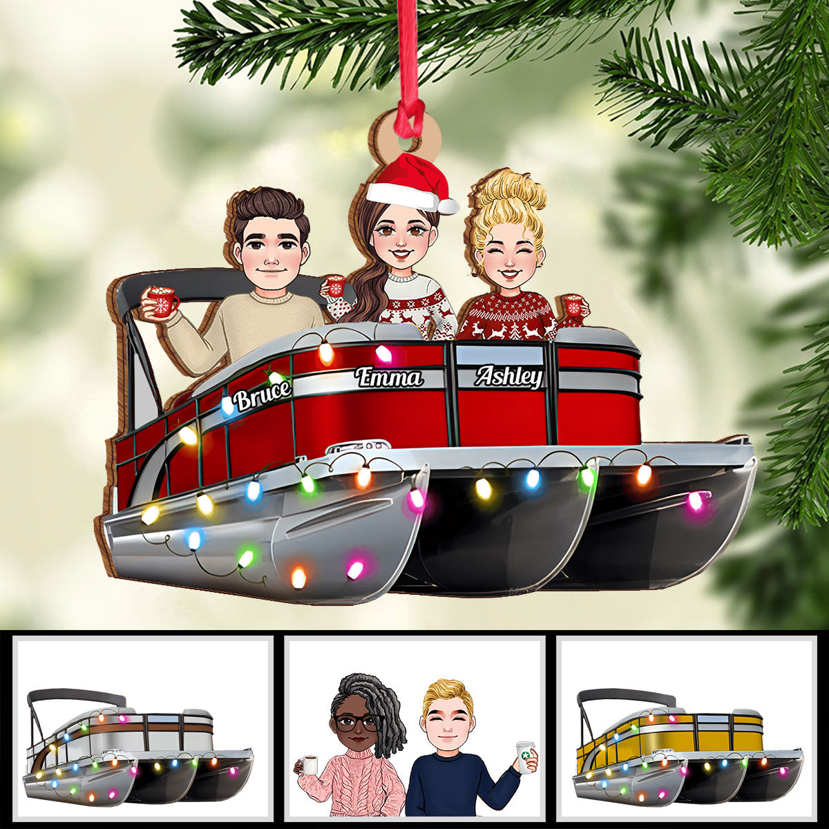 Christmas Light Pontoon Boat - Personalized Pontoon Ornament