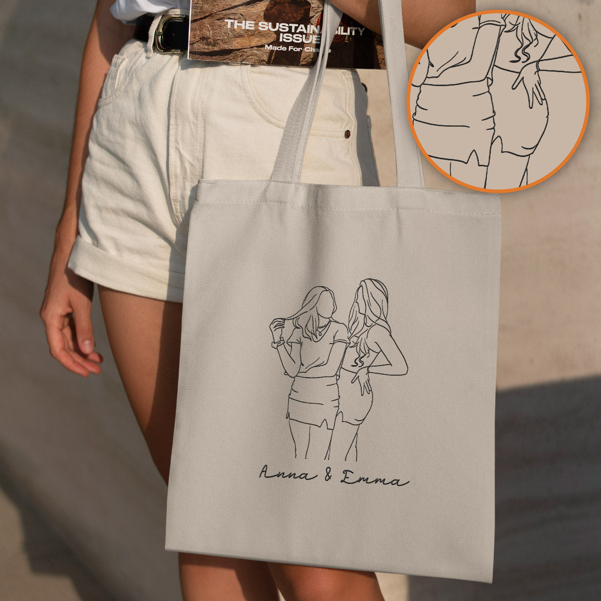 Custom Photo Line Art - Personalized Daughter Embroidered Tote Bag