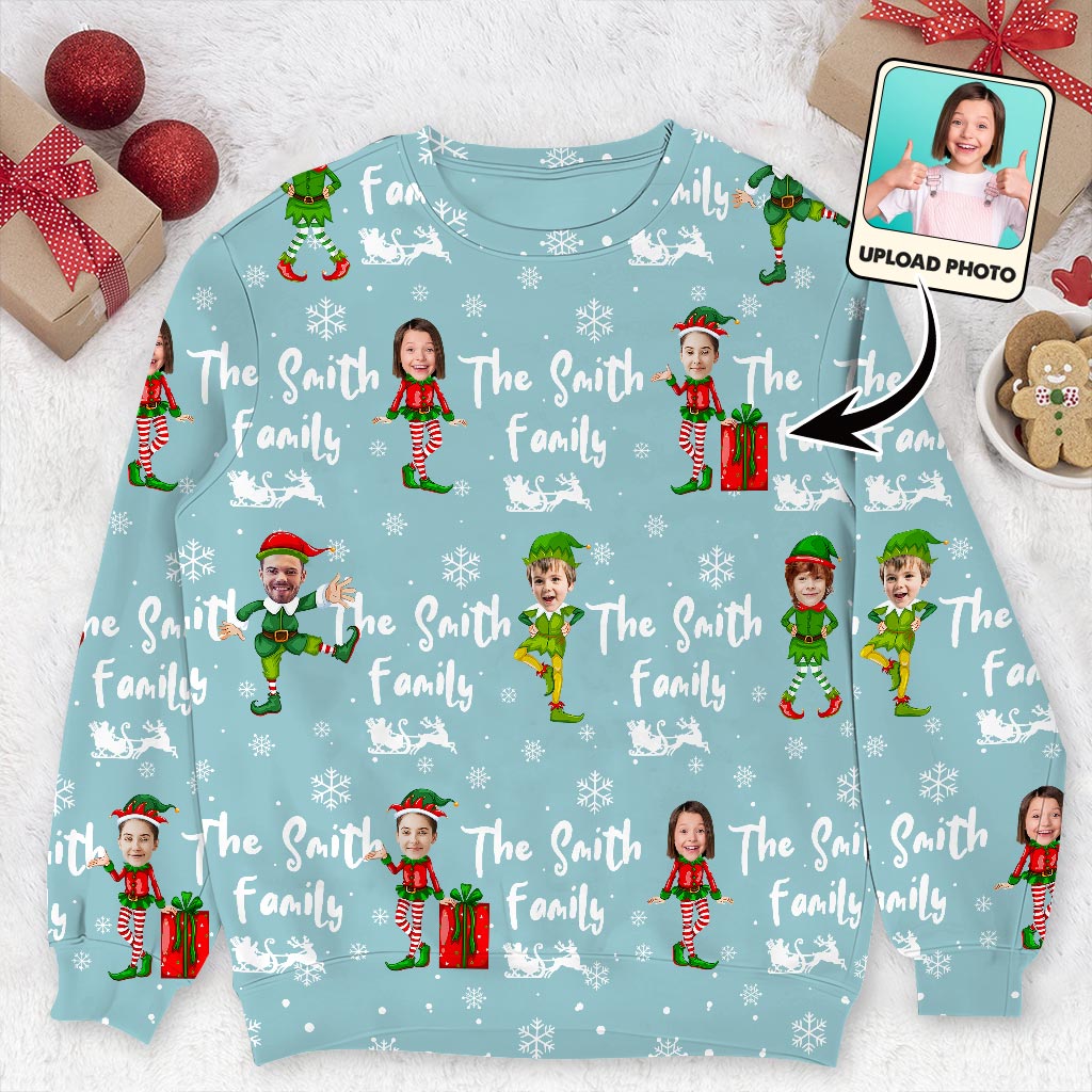 Christmas Elves Blue Ugly Sweater - Personalized Family Ugly Sweater