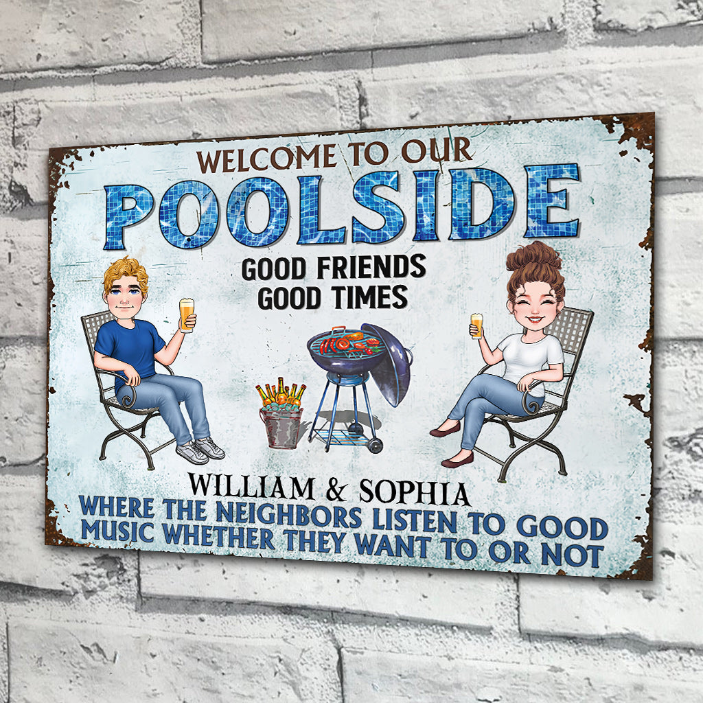Welcome To Our Poolside - Personalized Backyard Rectangle Metal Sign