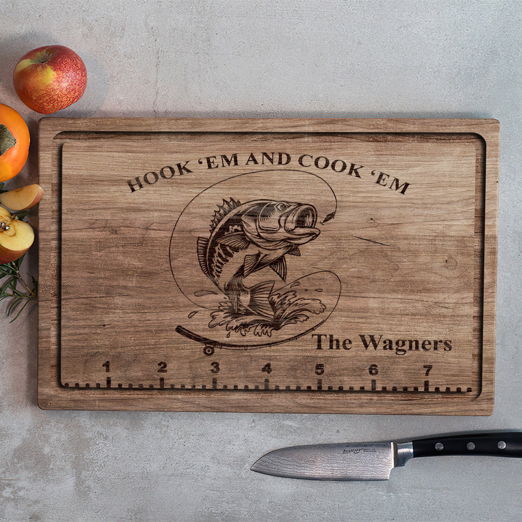 Hook 'Em And Cook 'Em - Fishing gift for dad, him, husband - Personalized  Cutting Board