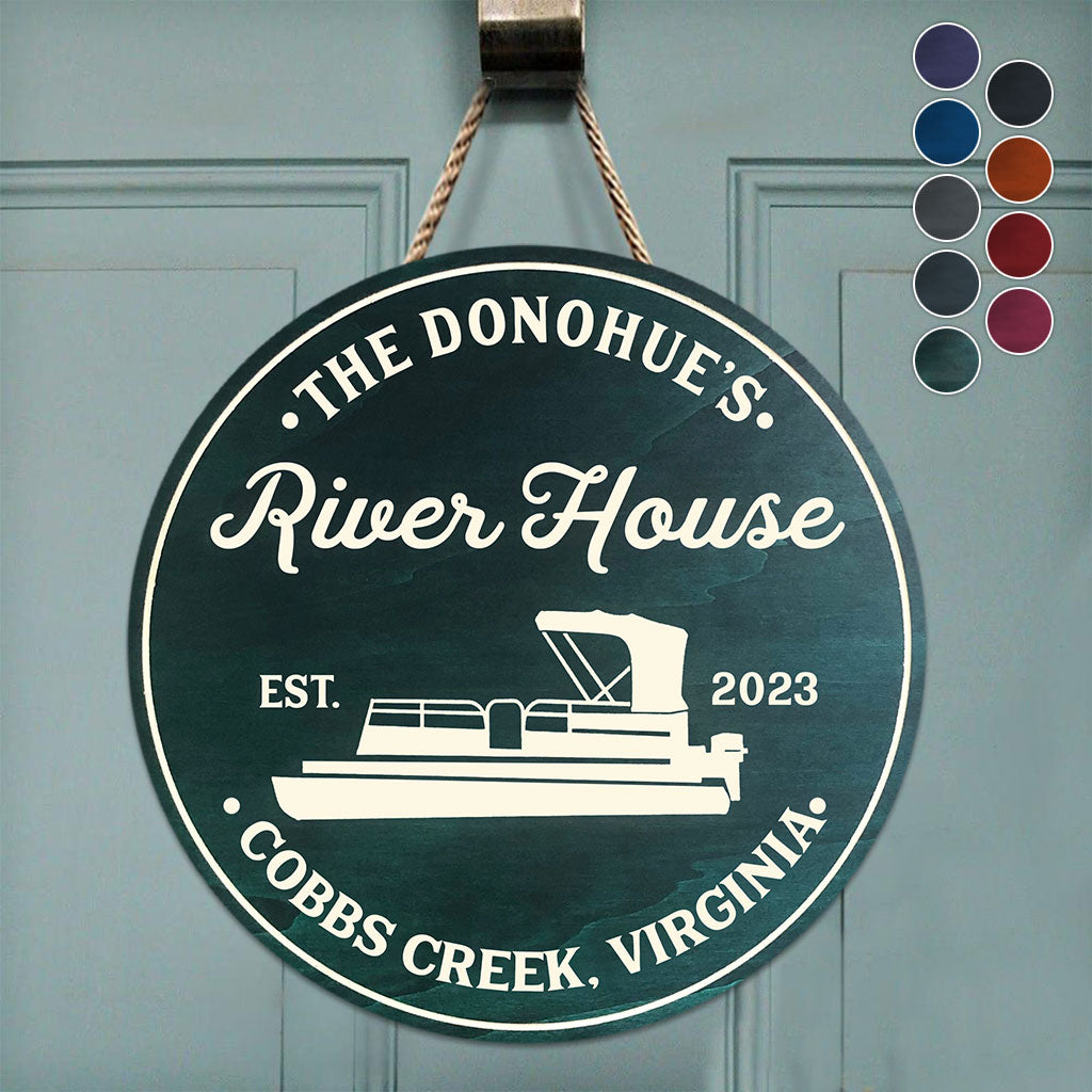 River House - Personalized Pontoon Round Wood Sign