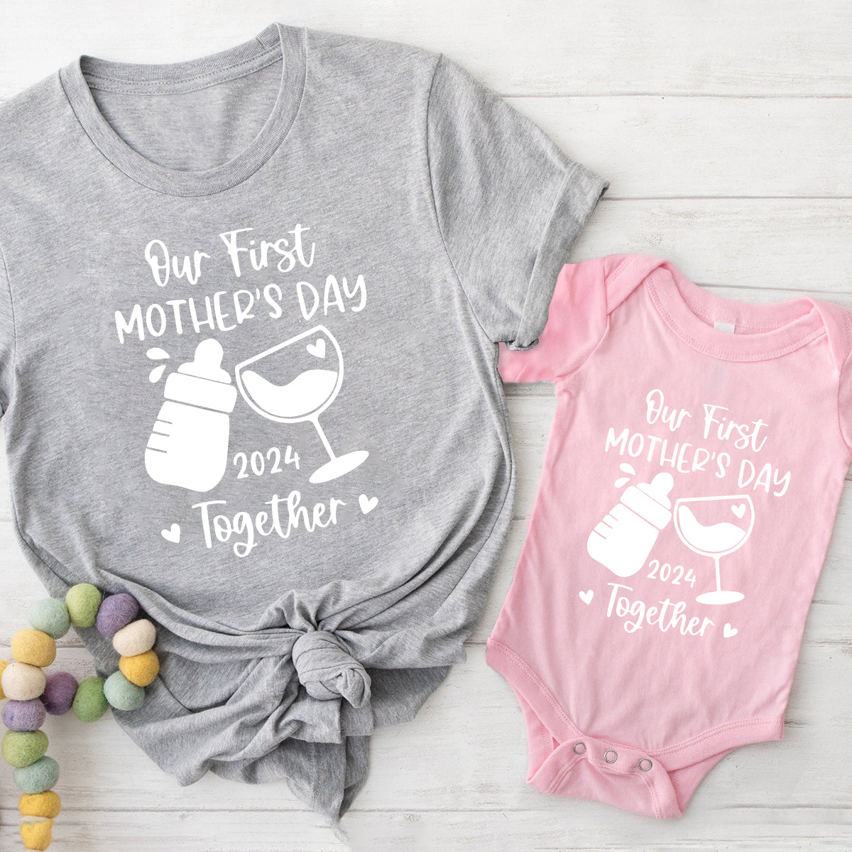 Our 1st First Mother's Day Together Milk And Wine - Personalized Mother T-shirt And Baby Onesie