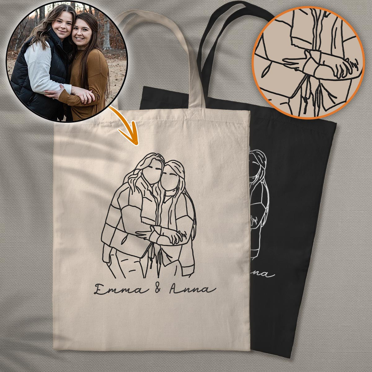 Custom Photo Line Art - Personalized Bestie Embroidered Tote Bag