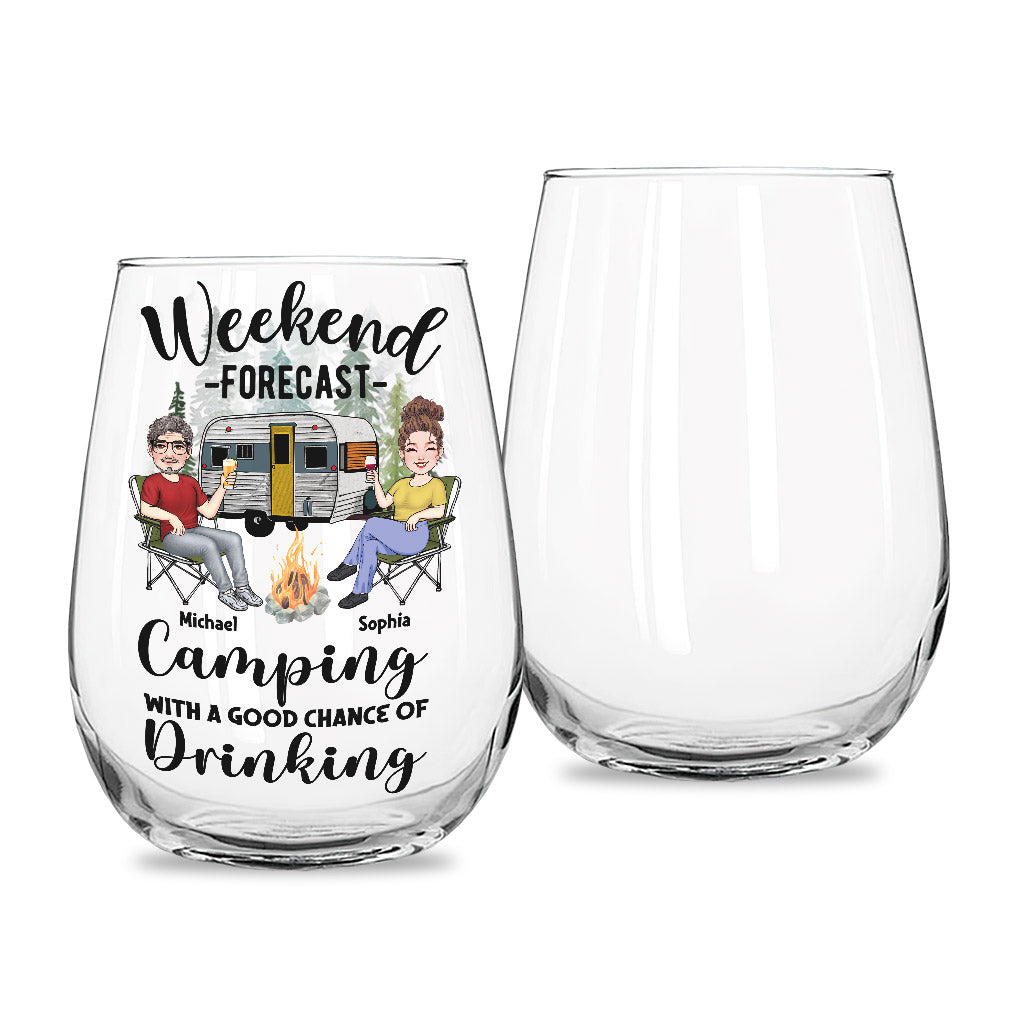 Weekend Forecast - Personalized Camping All Over Wine Glass