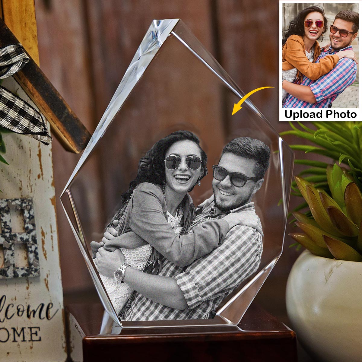 Custom Photo - Personalized Couple Laser Engraving 3D Iceberg Shaped Crystal Lamp