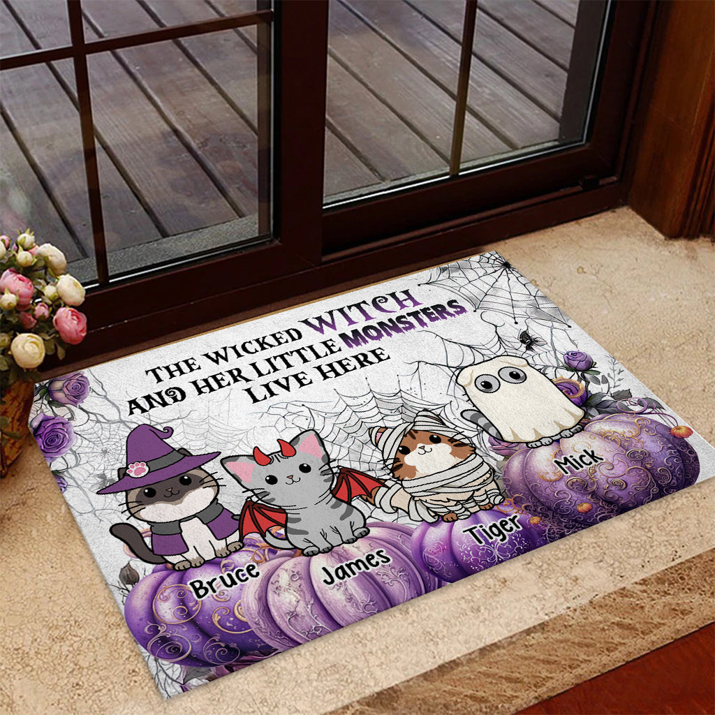 Discover A Wicked Witch And Little Monsters - Personalized Cat Doormat