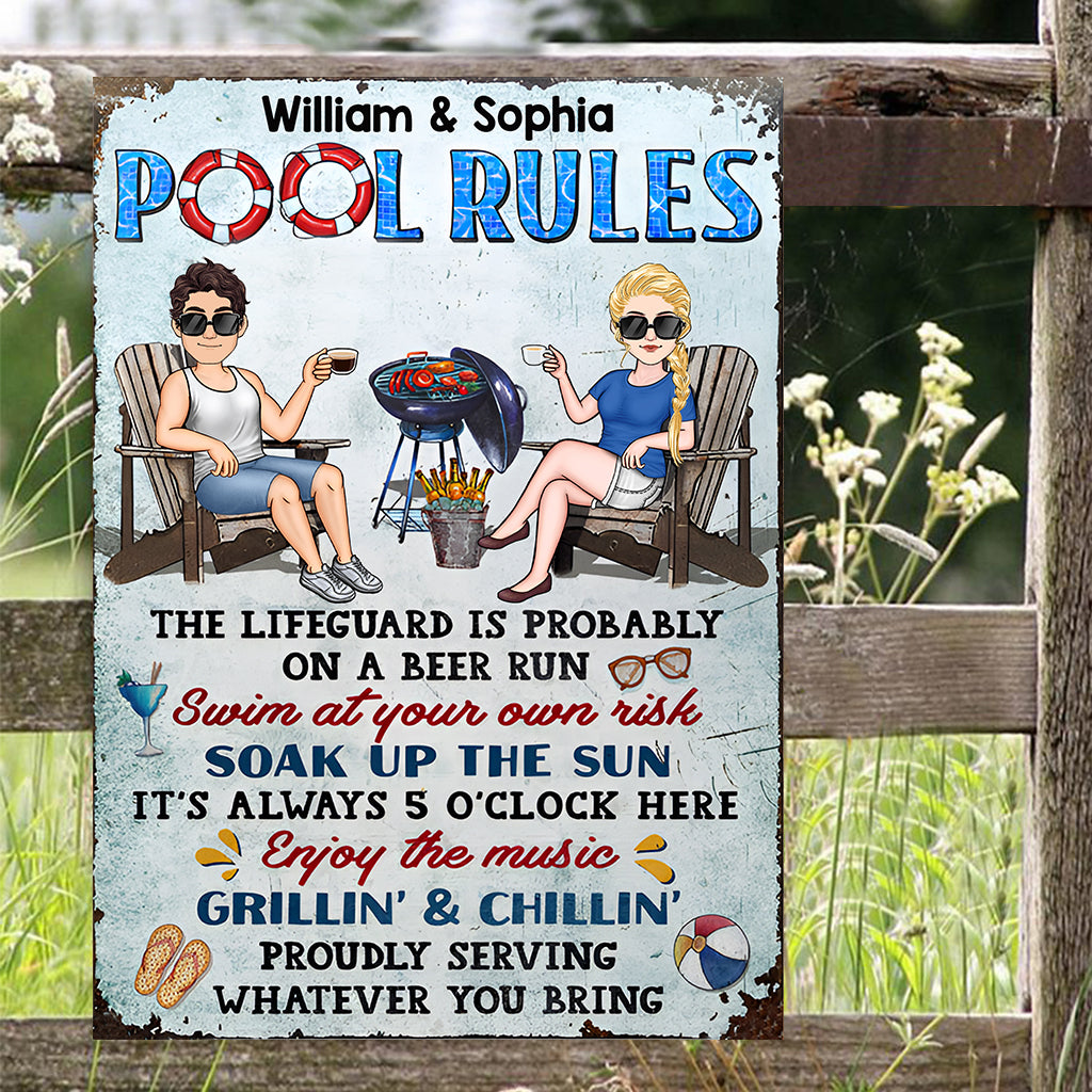 Pool Rules Swim At Your Own Risk - Personalized Backyard Rectangle Metal Sign