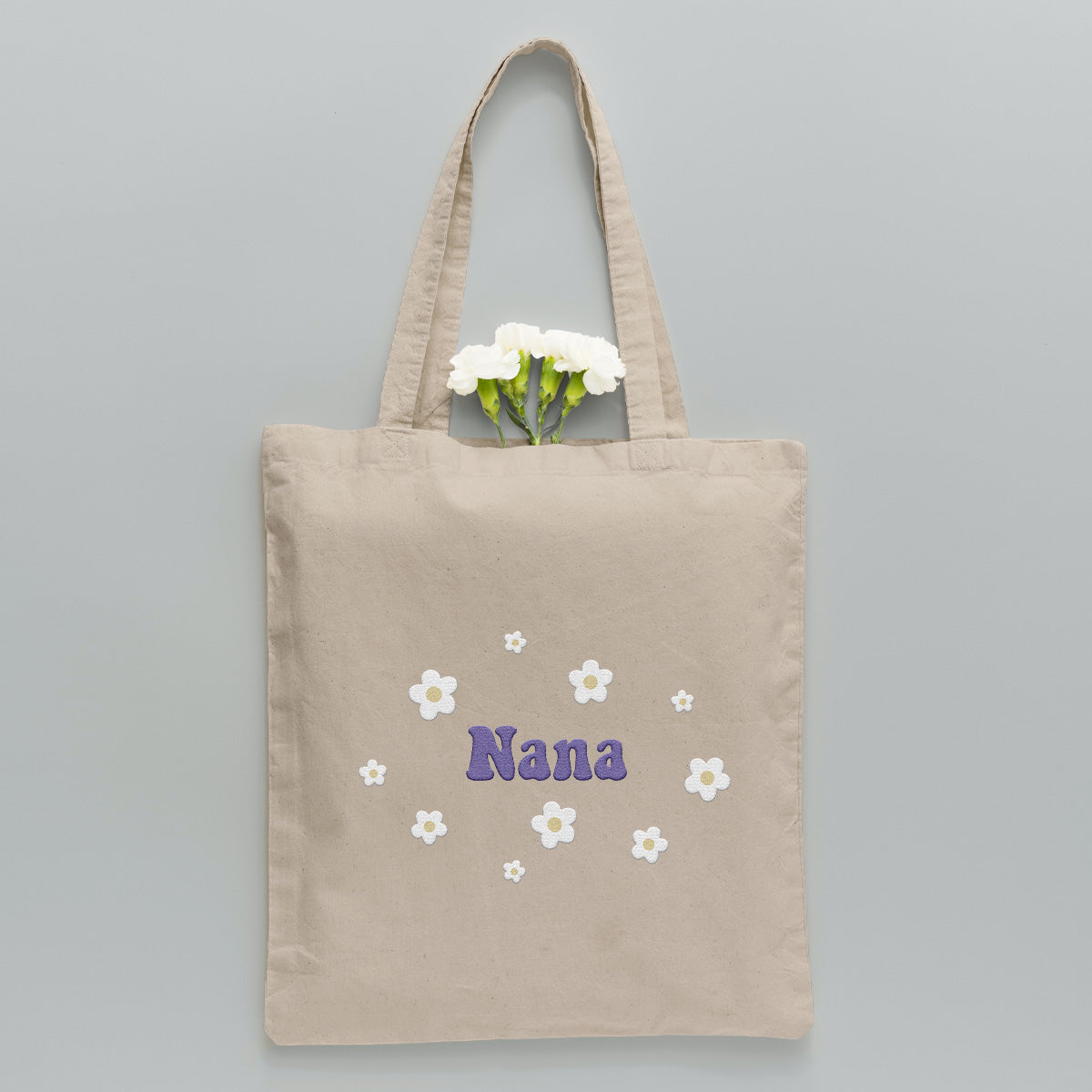 Custom Name With Flower - Personalized Grandma Embroidered Tote Bag