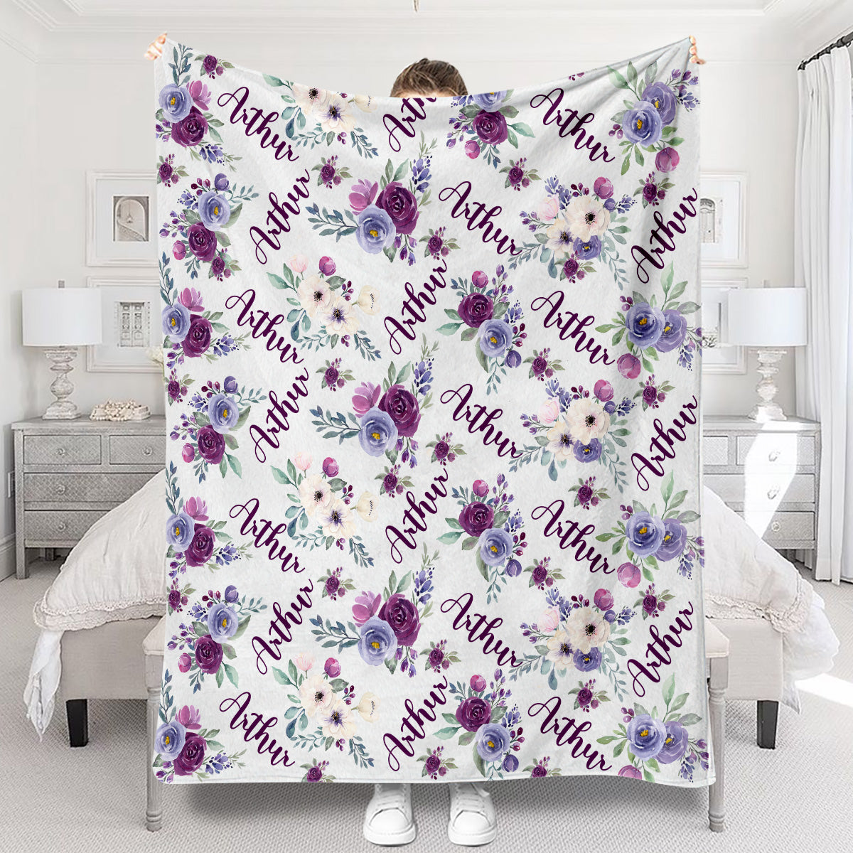 Custom Name Purple Flowers - Personalized Kid Blanket