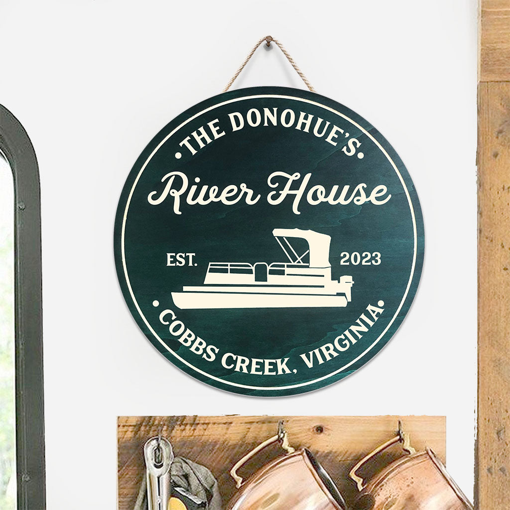 River House - Personalized Pontoon Round Wood Sign