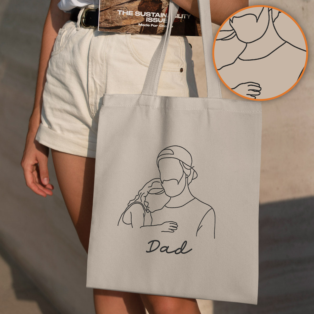 Custom Photo Line Art - Personalized Father Embroidered Tote Bag