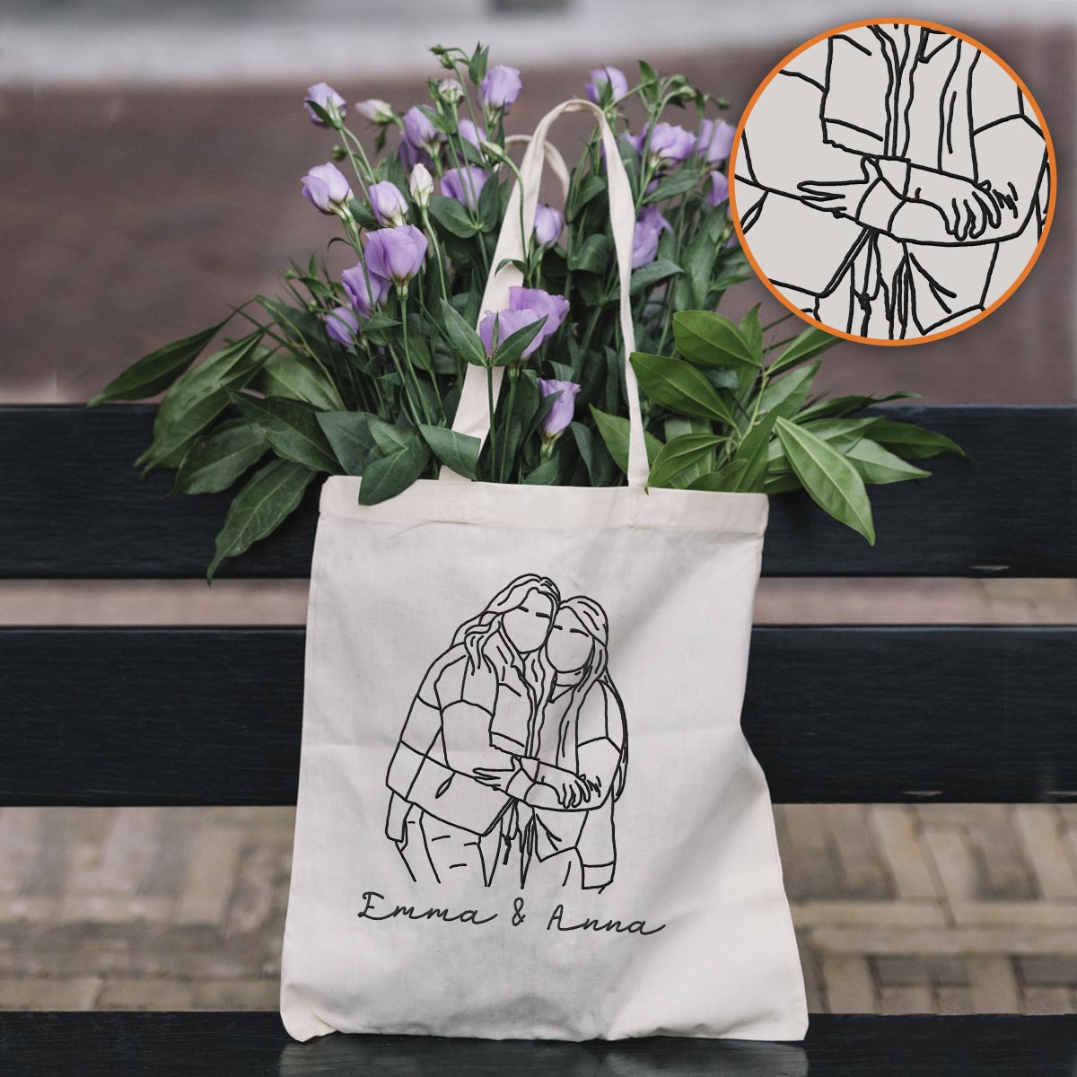 Custom Photo Line Art - Personalized Sibling Embroidered Tote Bag