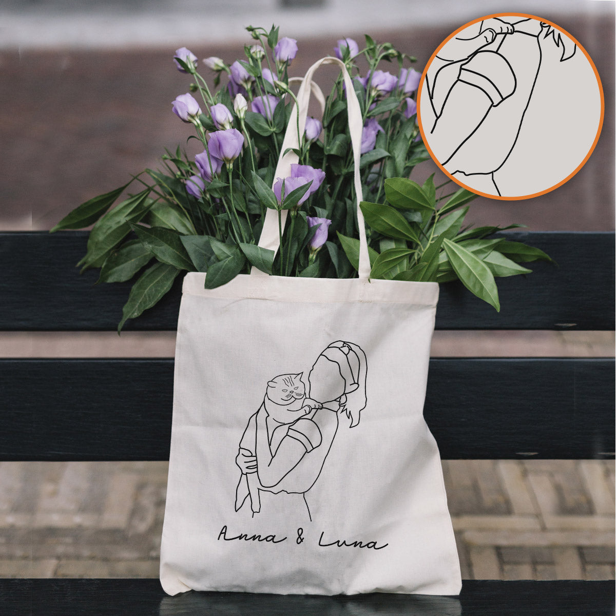 Custom Photo Line Art - Personalized Cat Embroidered Tote Bag