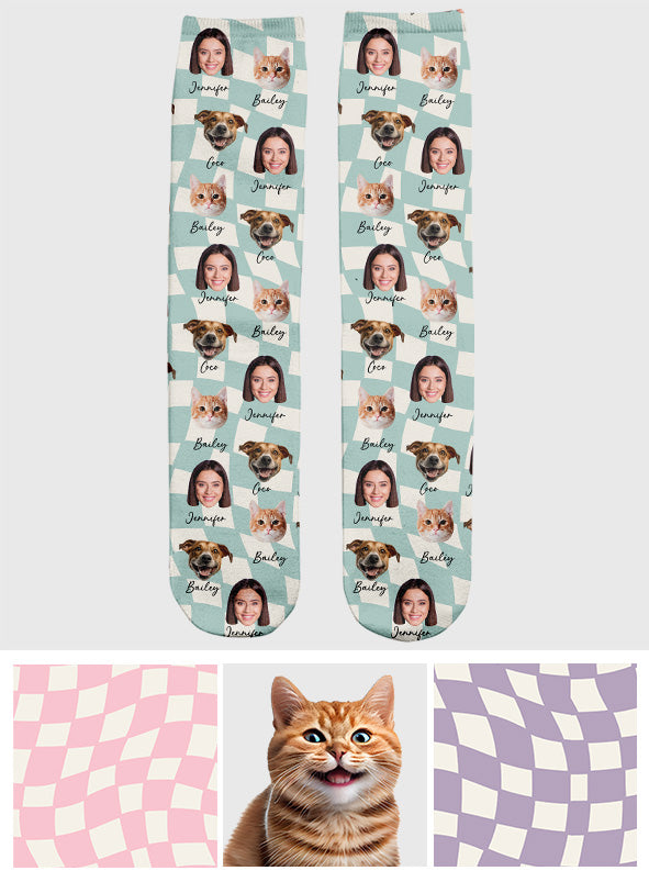 Any Photo Upload On Plaid Pattern With Many Background Color - Personalized Cat Socks