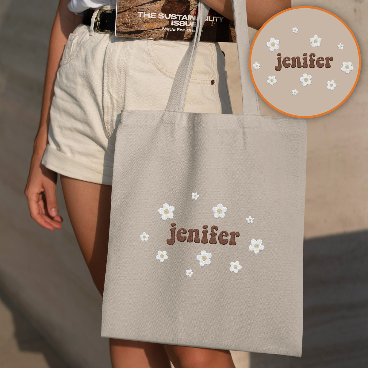 Custom Name With Flower - Personalized Aunt Embroidered Tote Bag