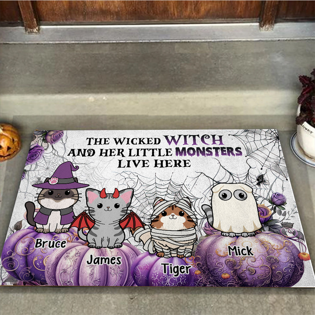 Discover A Wicked Witch And Little Monsters - Personalized Cat Doormat