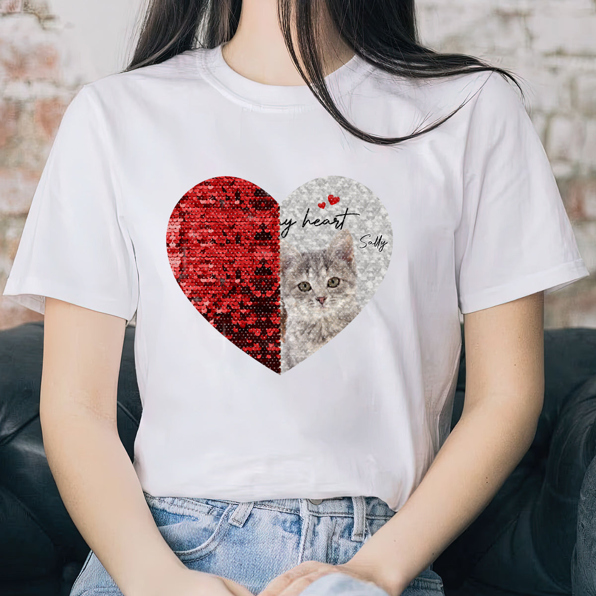 Forever In My Heart Custom Photo Dog & Cat - Gift for dog lovers, dog lover, cat lover - Personalized Sequin T-shirt