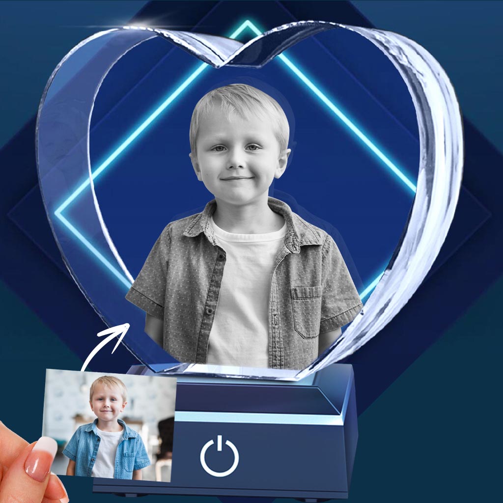 Custom Photo - Personalized Son Laser Engraving 3D Heart Shaped Crystal Lamp