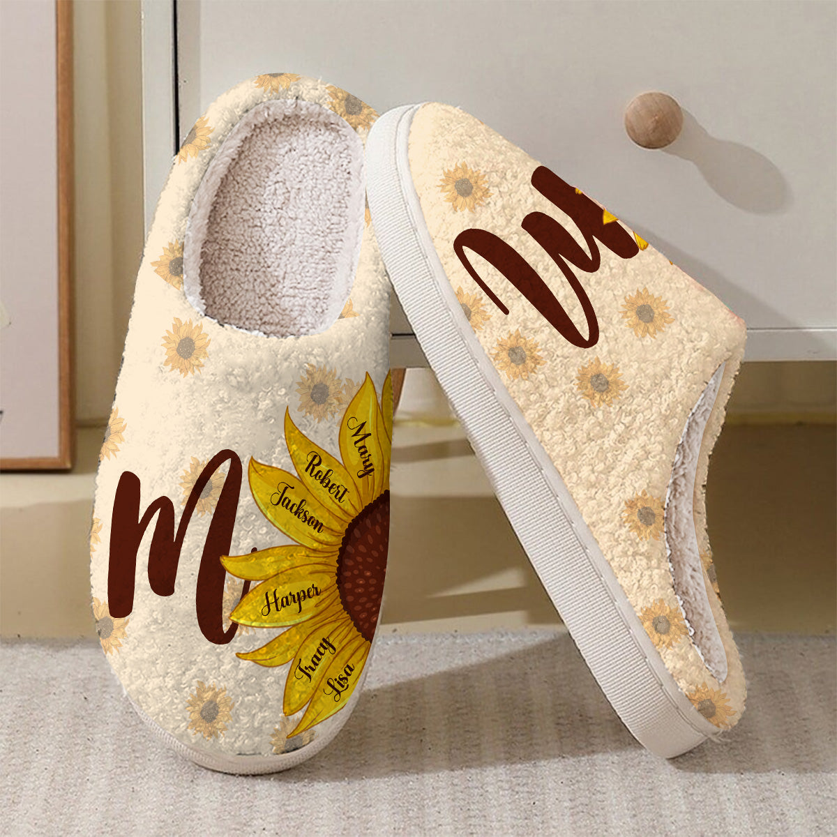 Mother And Children Sunflower And Butterflies - Personalized Mother Slippers