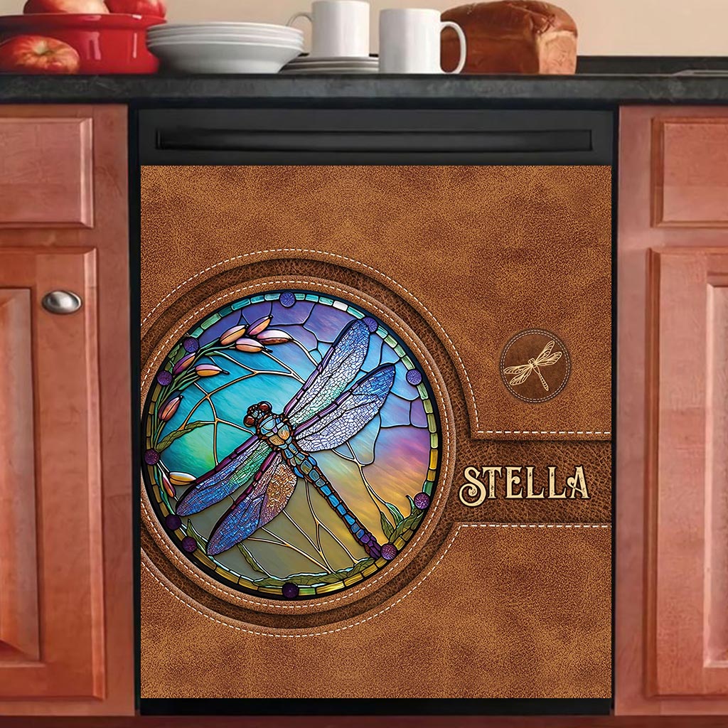 Stained Glass Dragonfly - Personalized Dragonfly Dishwasher Cover