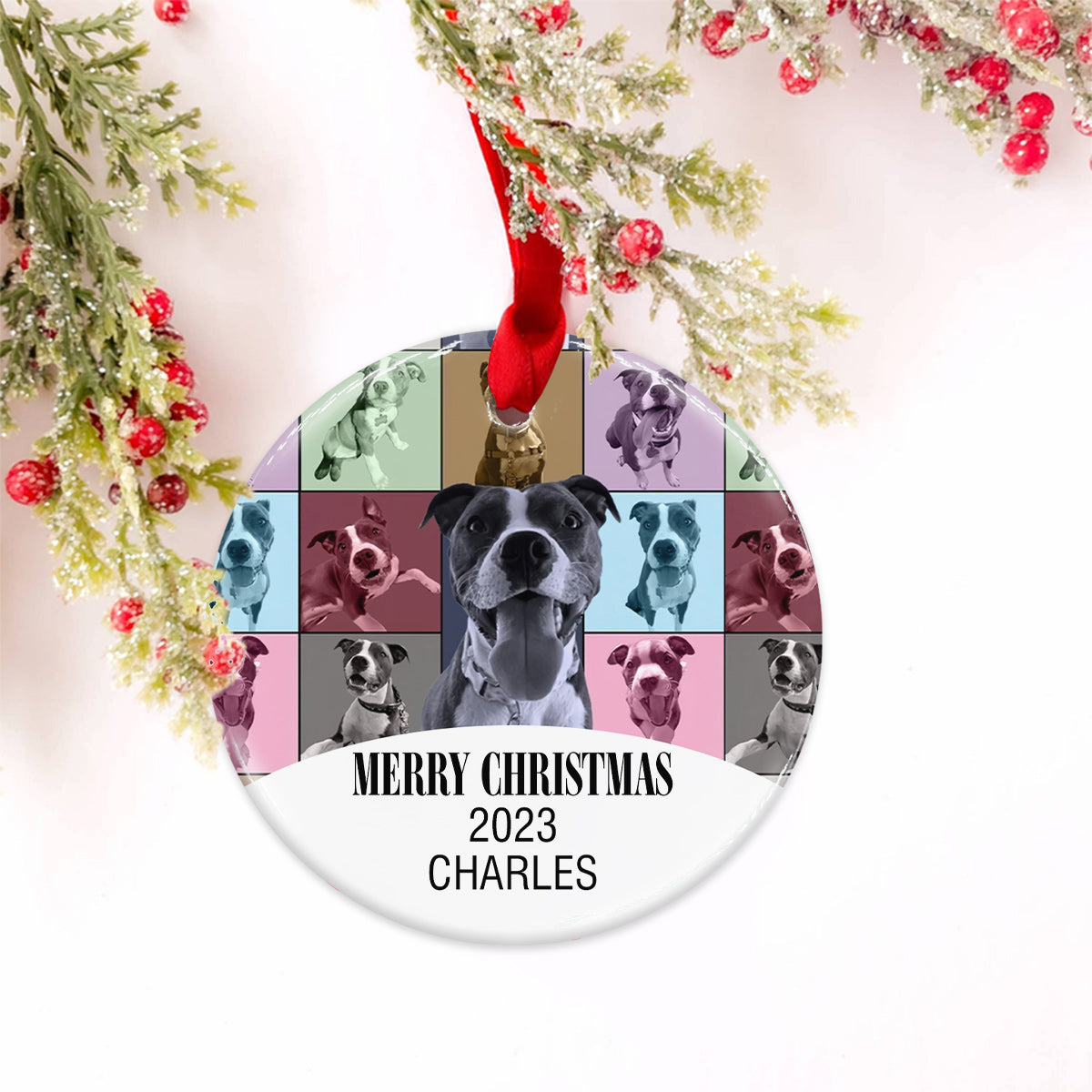 Merry Christmas Version - Personalized Dog Ceramic Circle Ornament