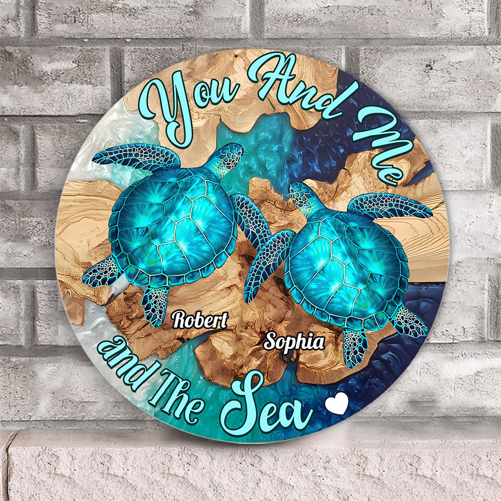You And Me And The Sea - Personalized Turtle Round Wood Sign