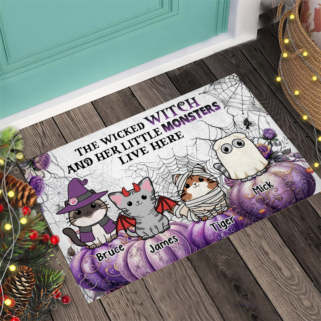 Discover A Wicked Witch And Little Monsters - Personalized Cat Doormat