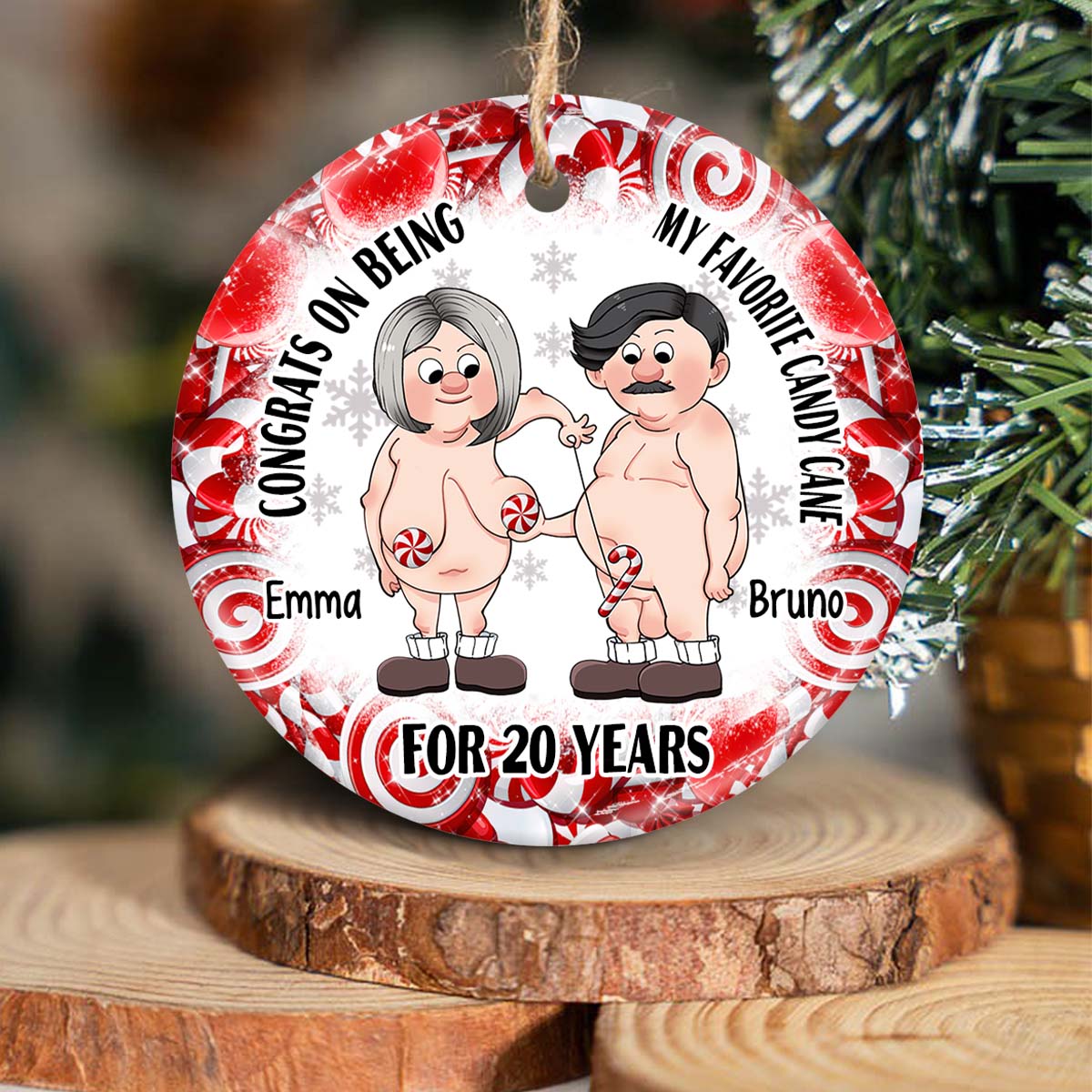 Congrats On Being My Favorite Candy Cane - Personalized Husband And Wife Ceramic Circle Ornament