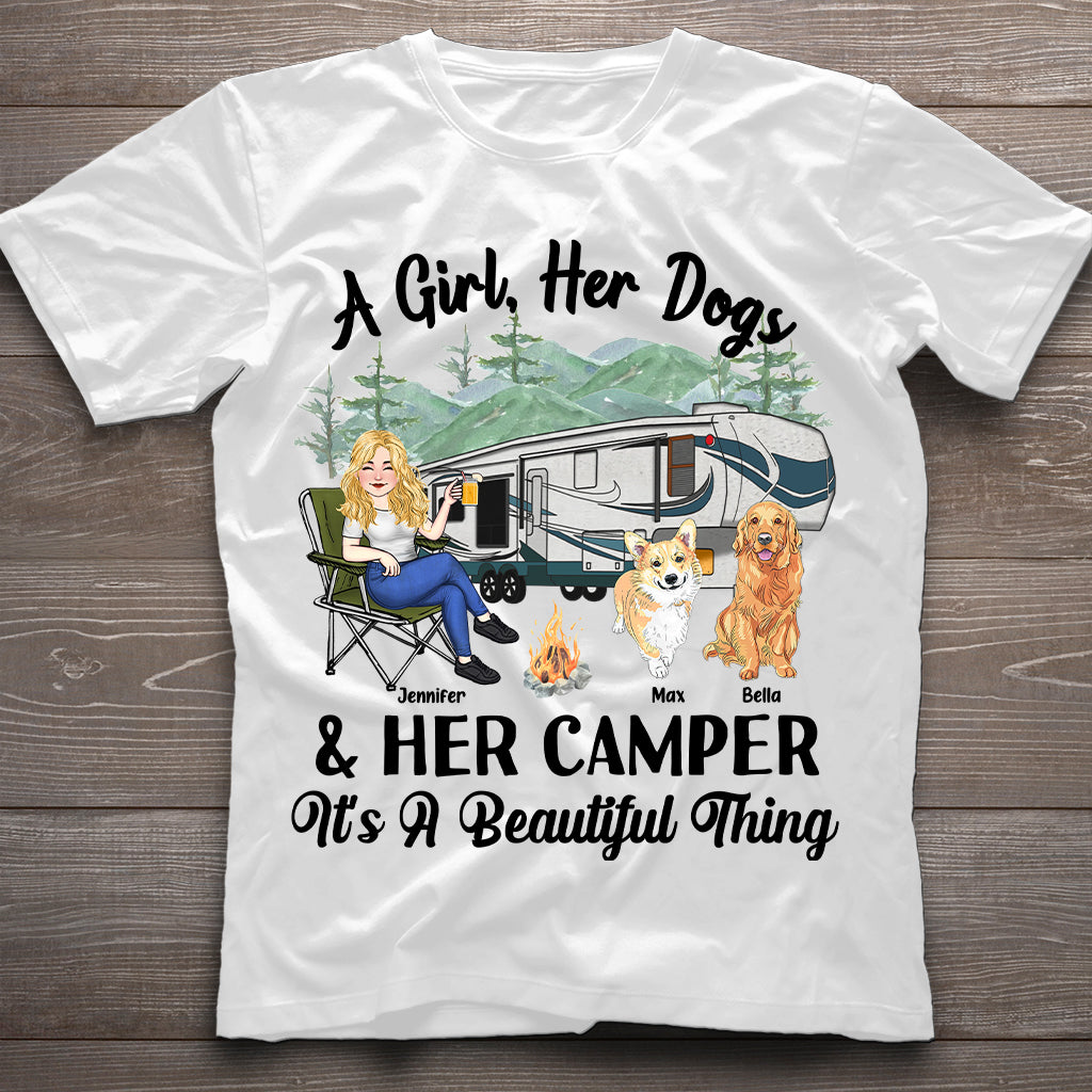 A Girl Her Dog And Her Camper Camping Gift Dog Lover Personalized Custom T-Shirt