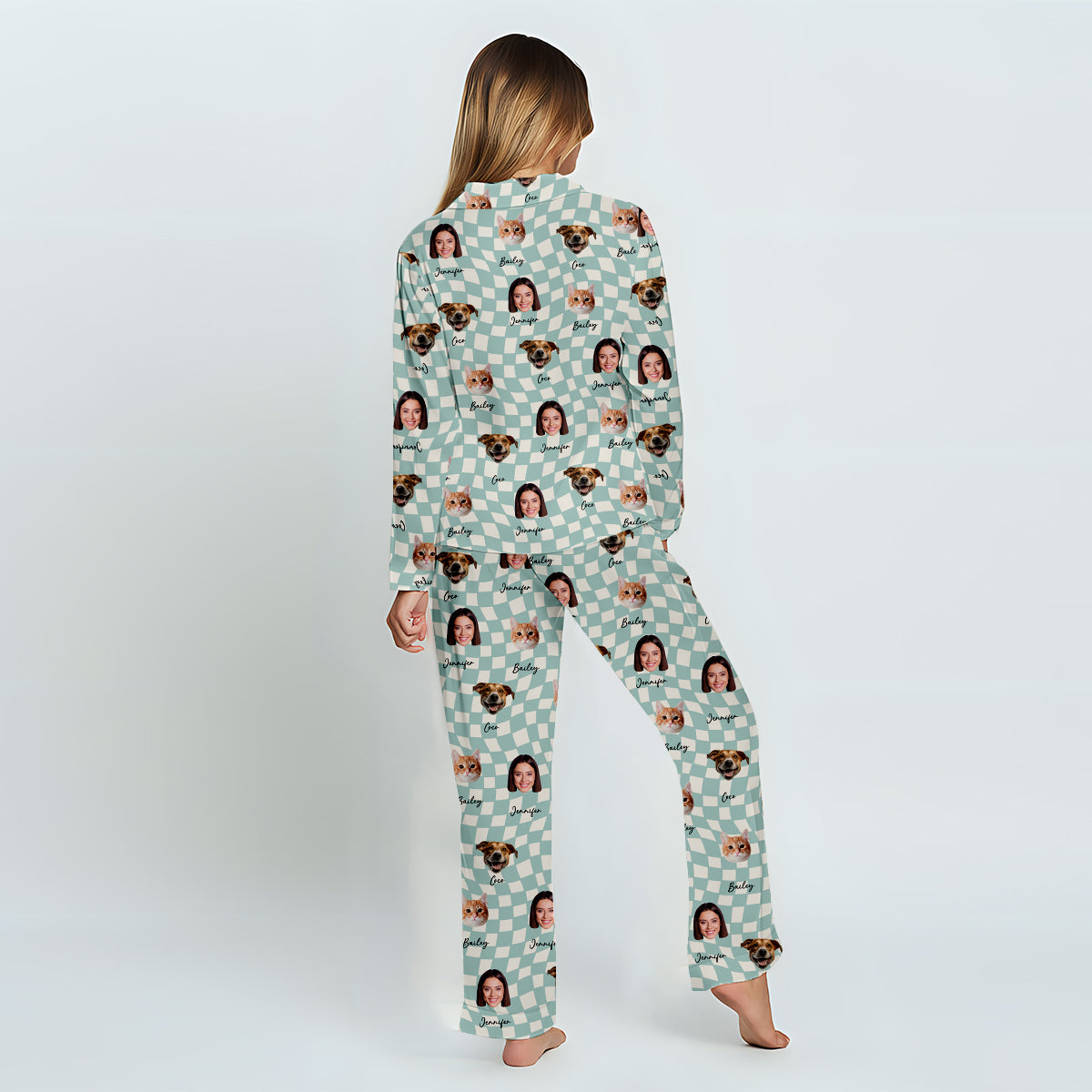 Any Photo Upload On Plaid Pattern With Many Background Color - Personalized Cat Button Down Pajamas