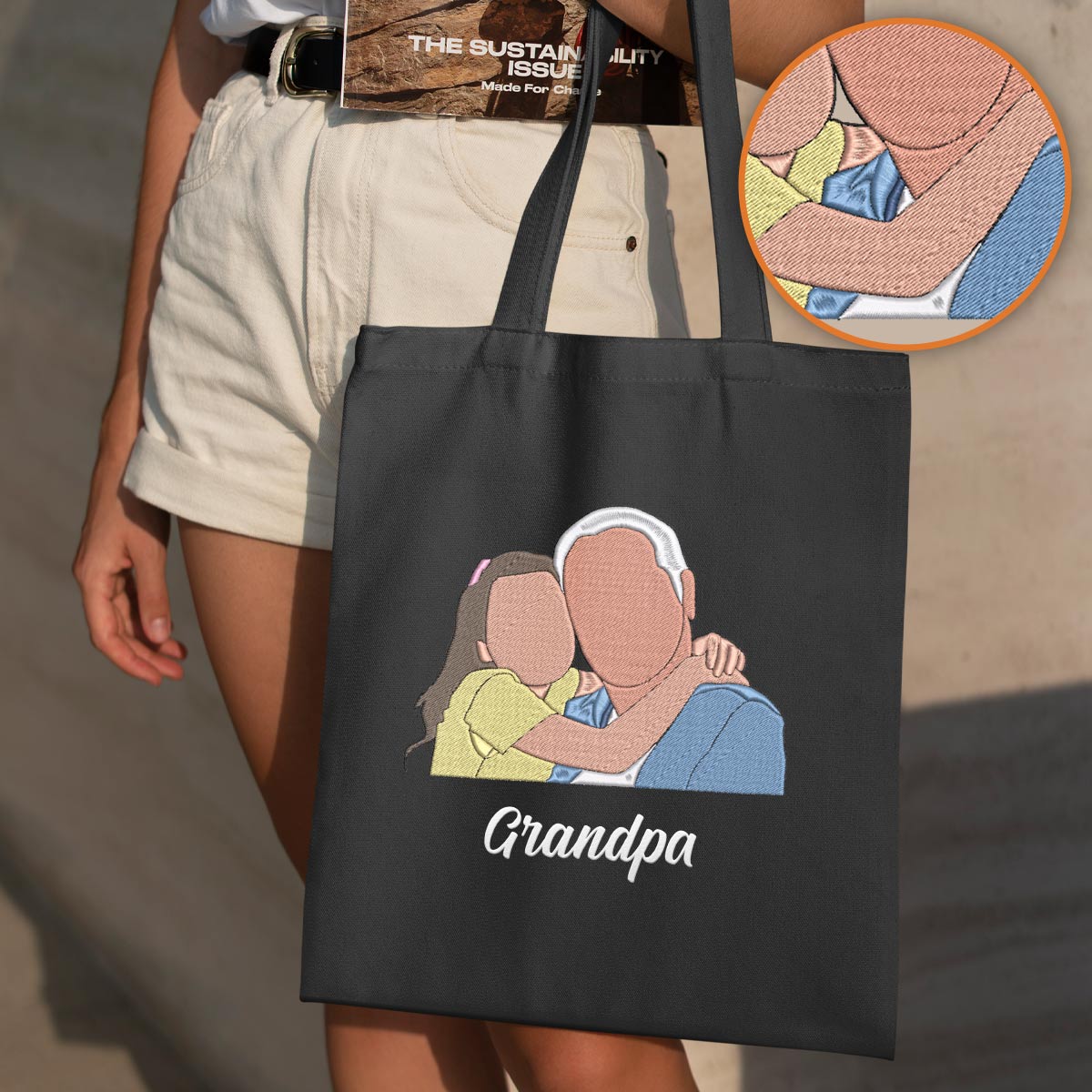 Custom 2D Photo - Personalized Grandpa Embroidered Tote Bag