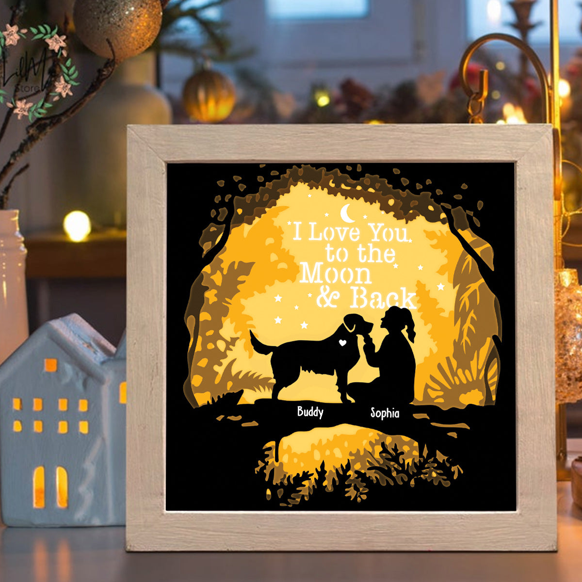 I Love You To The Moon And Back - Gift for dog lovers - Personalized Light Shadow Box