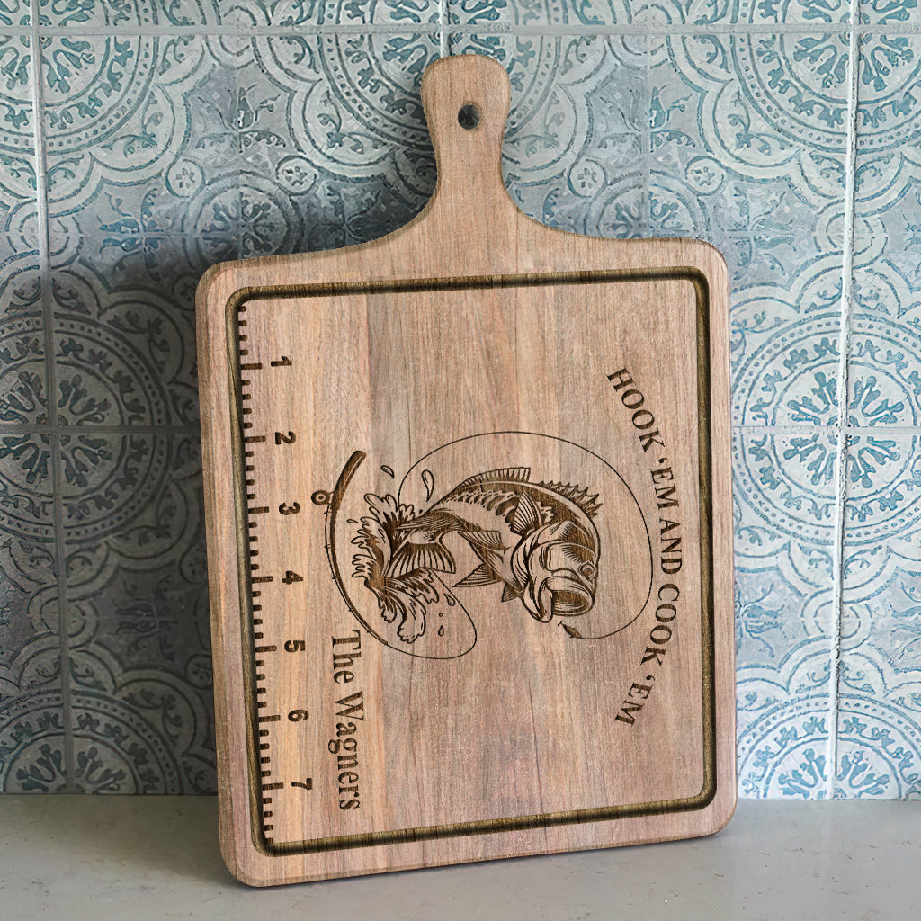 Hook 'Em And Cook 'Em - Fishing gift for dad, him, husband - Personalized  Cutting Board