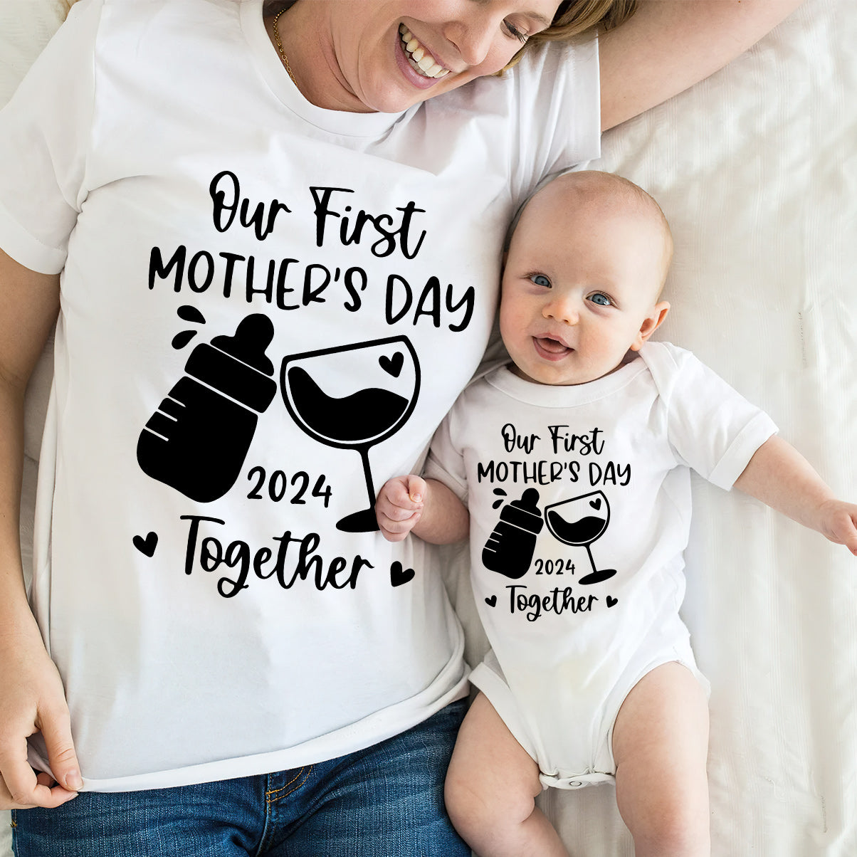 Our 1st First Mother's Day Together Milk And Wine - Personalized Mother T-shirt And Baby Onesie