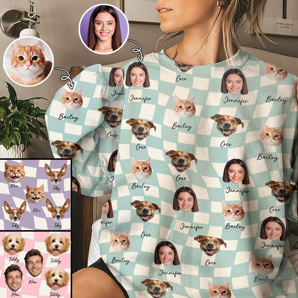 Any Photo Upload On Plaid Pattern With Many Background Color - Personalized Cat Ugly Sweater