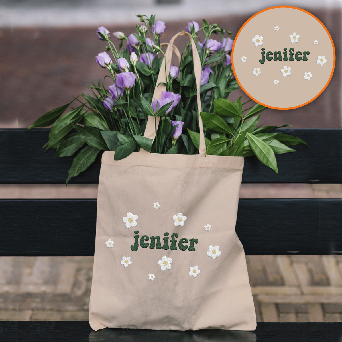 Custom Name With Flower - Personalized Couple Embroidered Tote Bag