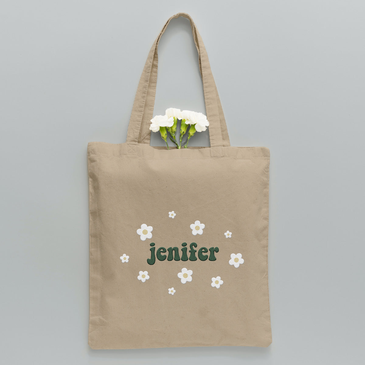 Custom Name With Flower - Personalized Couple Embroidered Tote Bag