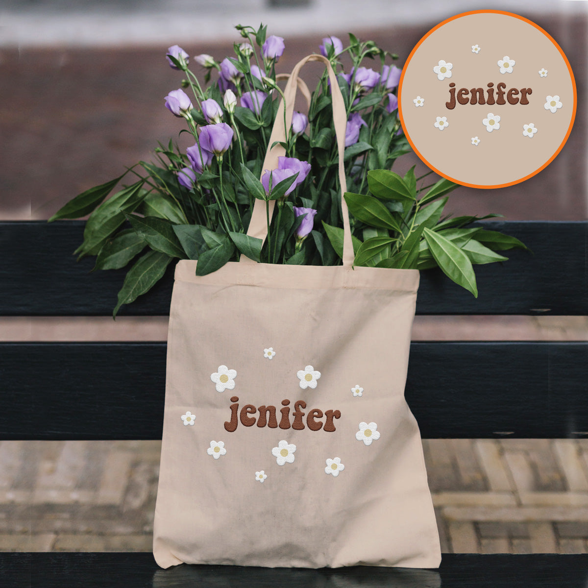 Custom Name With Flower - Personalized Aunt Embroidered Tote Bag