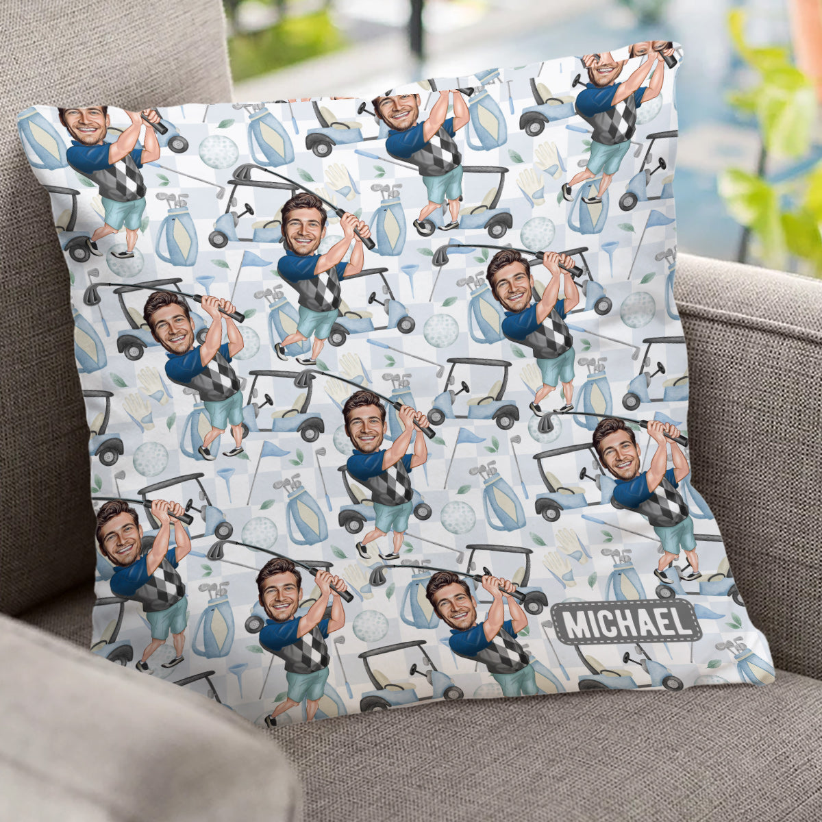 Photo Inserted Funny Golfer - Personalized Golf Throw Pillow