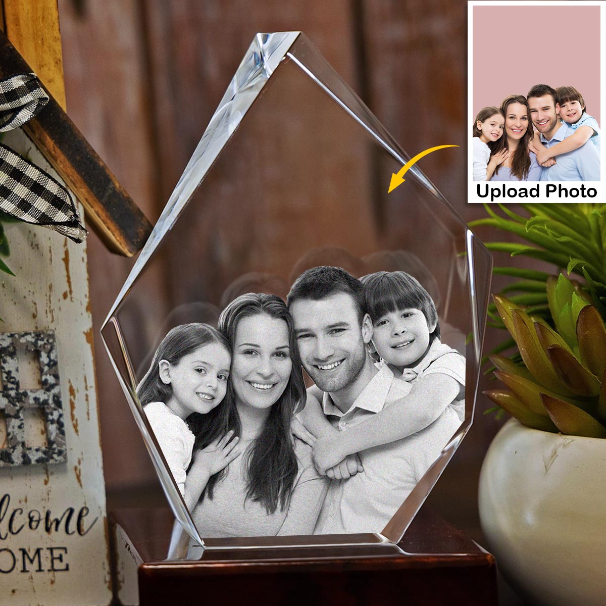 Custom Photo - Personalized Family Laser Engraving 3D Iceberg Shaped Crystal Lamp