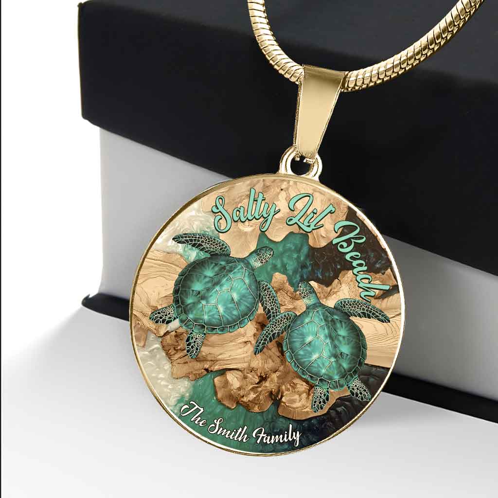 Salty Lil' Beach - Personalized Turtle Round Pendant Necklace